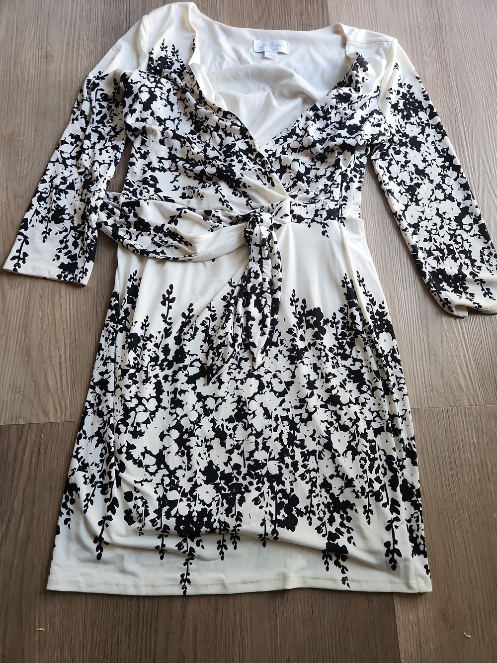 Jessica Simpson Cream and Black Floral Wrap Midi Dress
